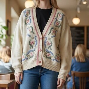 Vintage Floral Embroidered Cream Cardigan Sweater Large